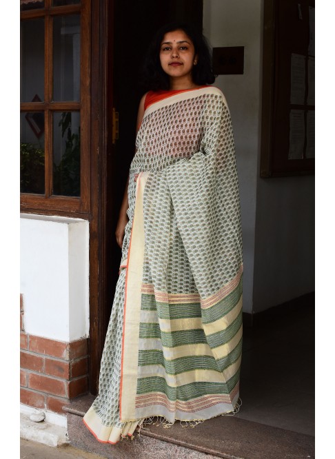 Off-White with Green , Handwoven Organic Cotton, Textured Weave , Hand printed, Hand dyed, Occasion Wear, Jari Saree